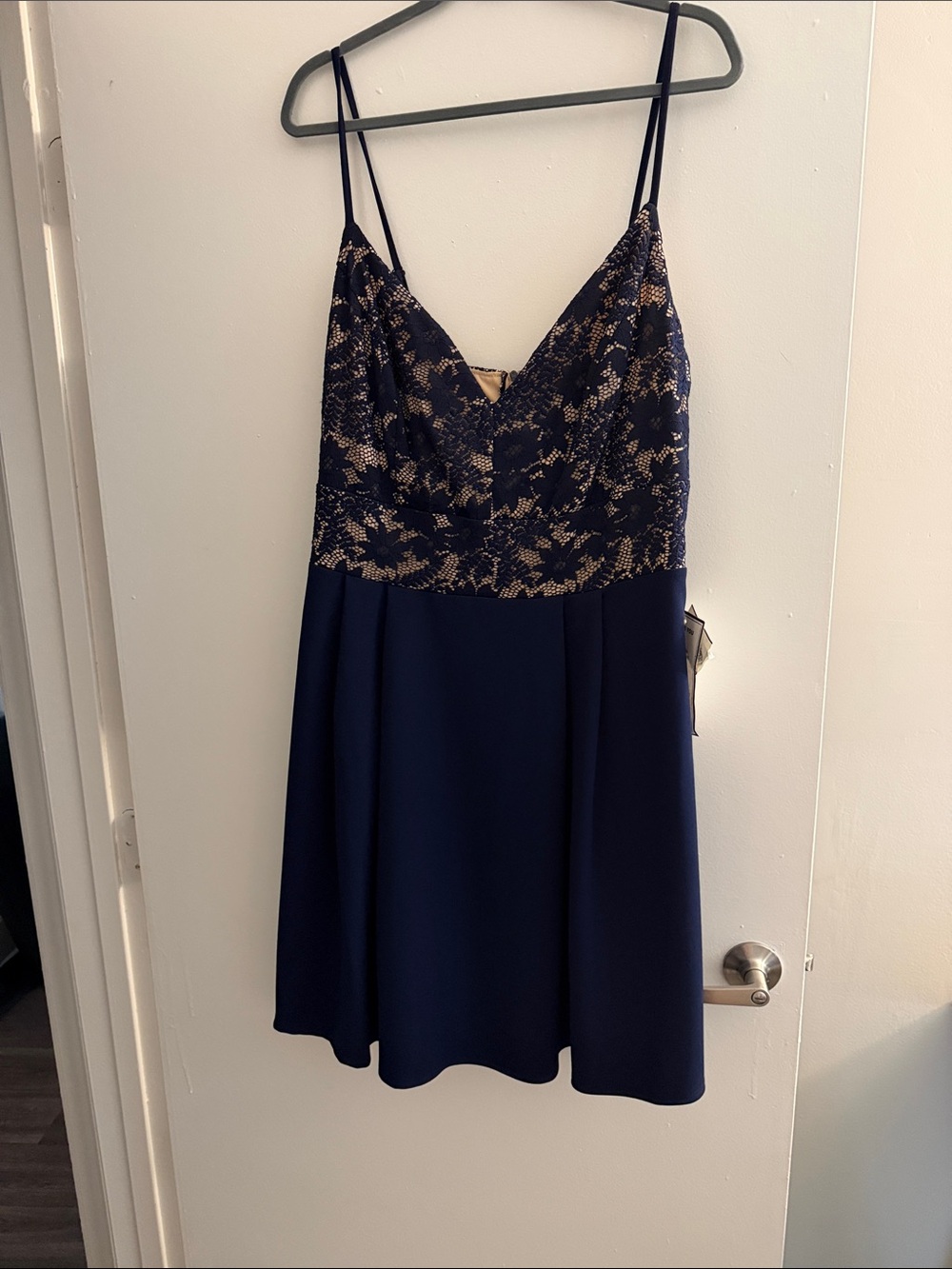 Navy Spaghetti Strap Dress with Nude Lace Bodice